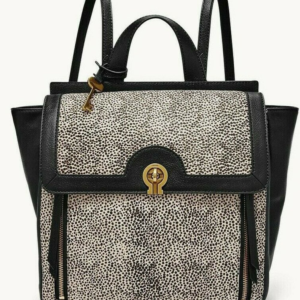 Fossil Amelia White Cheetah Black Leather Backpack Shoulder Bag